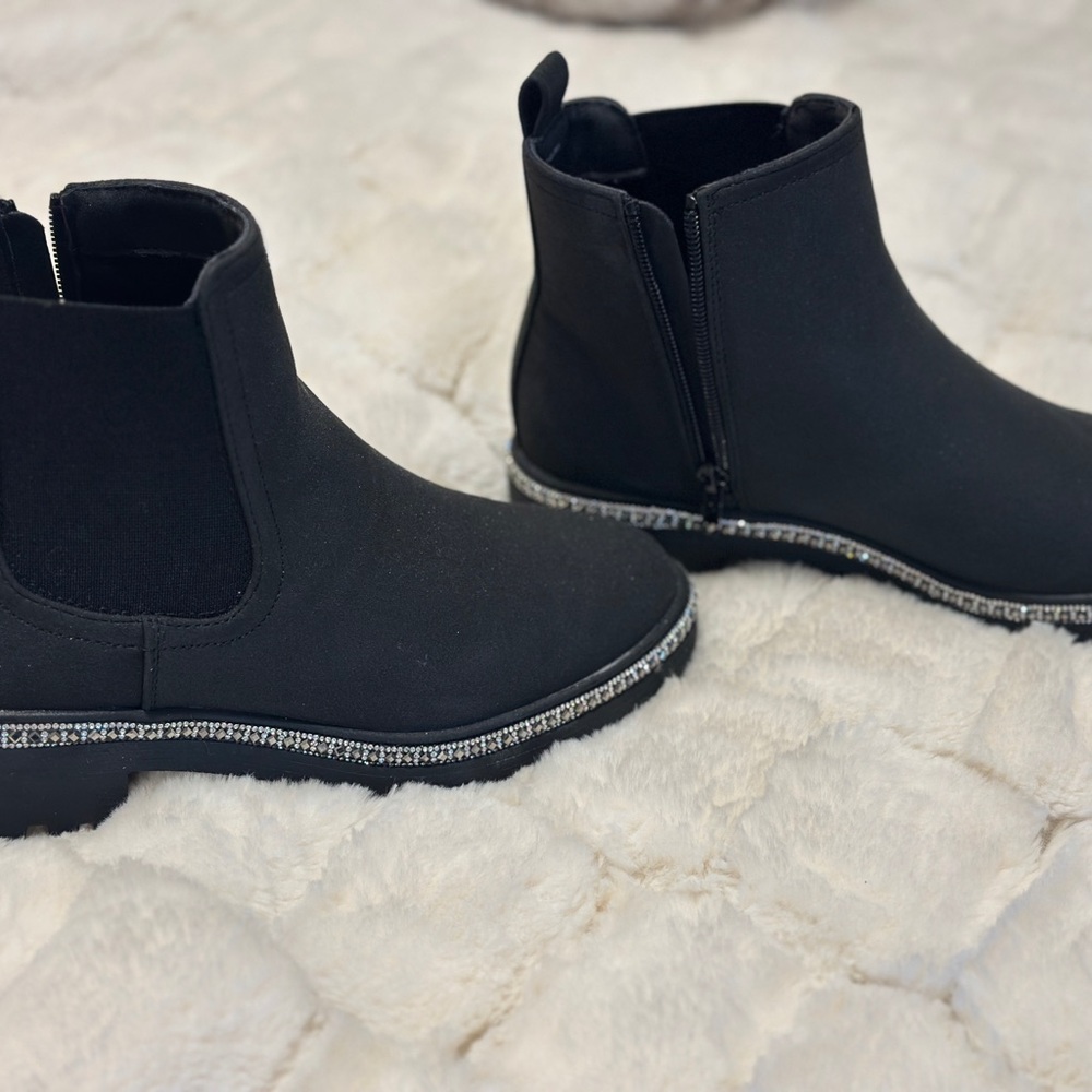 Elegant Black Ankle Boots with Rhinestone Trim